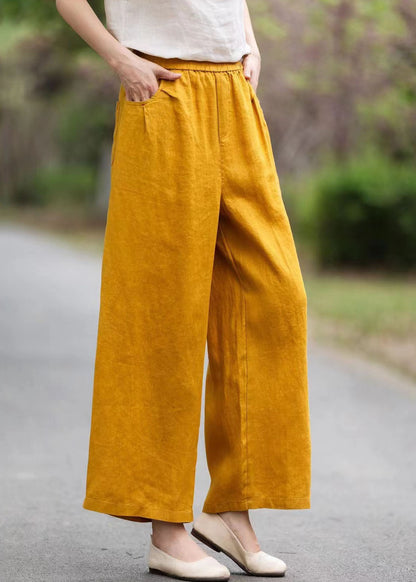 Pockets Pants Summer Linen Yellow Women Waist Elastic