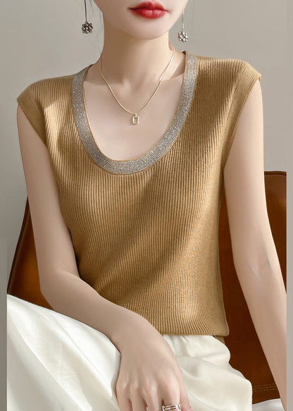 Yellow Summer U Patchwork Tank Knit Women Neck