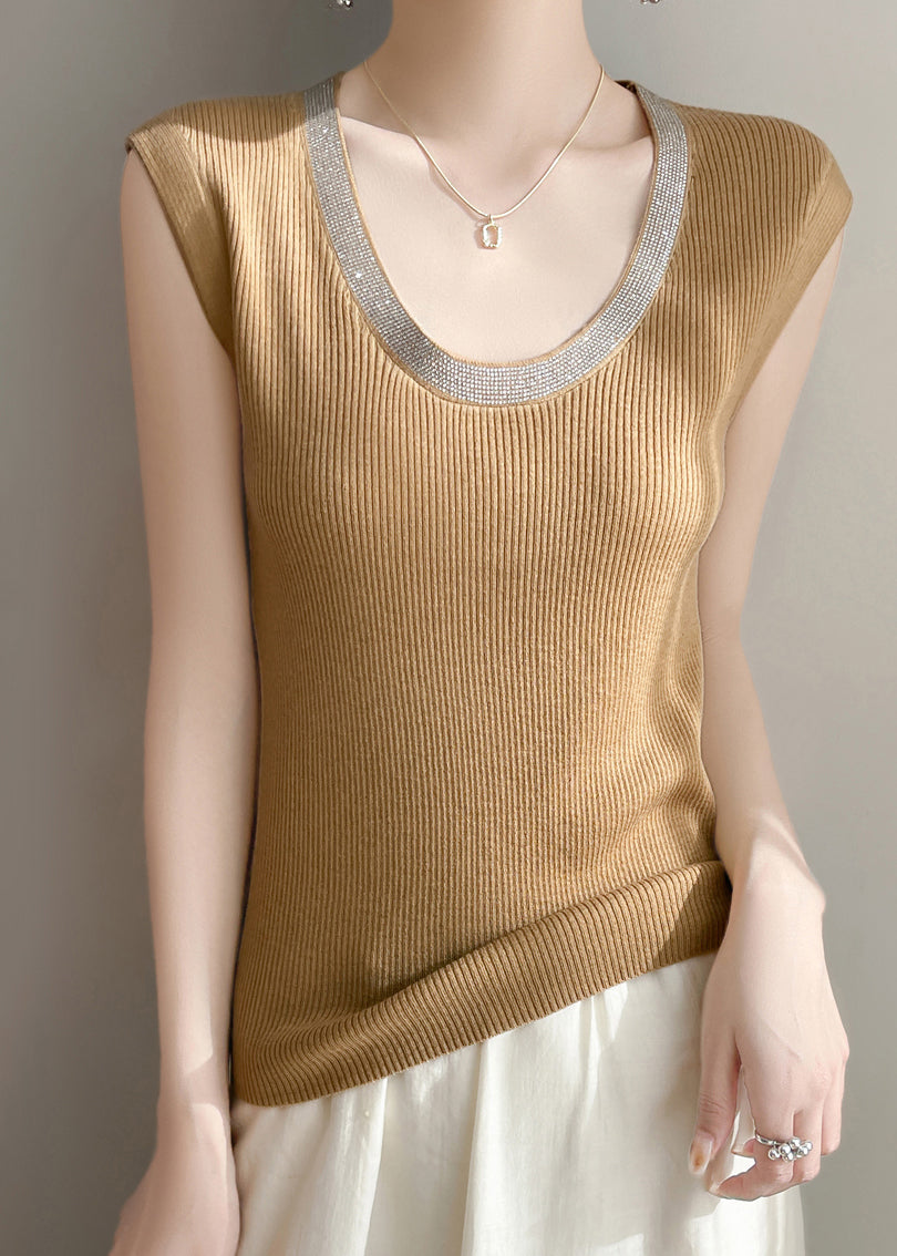 Yellow Summer U Patchwork Tank Knit Women Neck