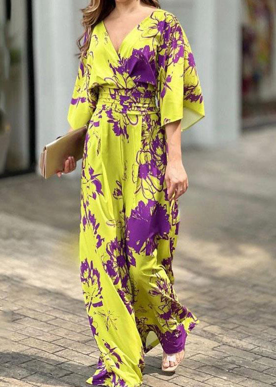 Cotton Neck Jumpsuit Summer Yellow Women V Print