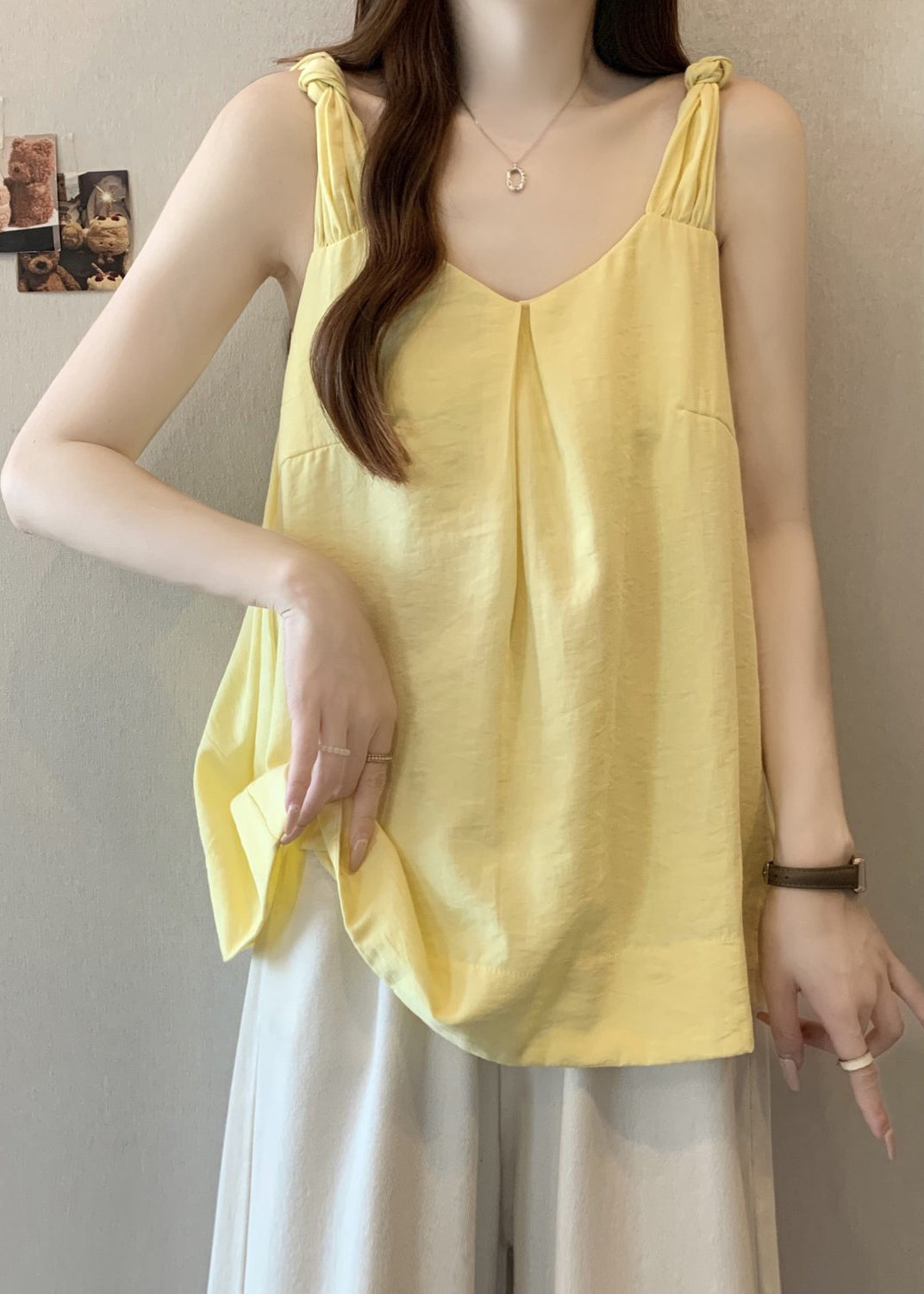 Tank Neck Solid Women Sleeveless Cotton Yellow V
