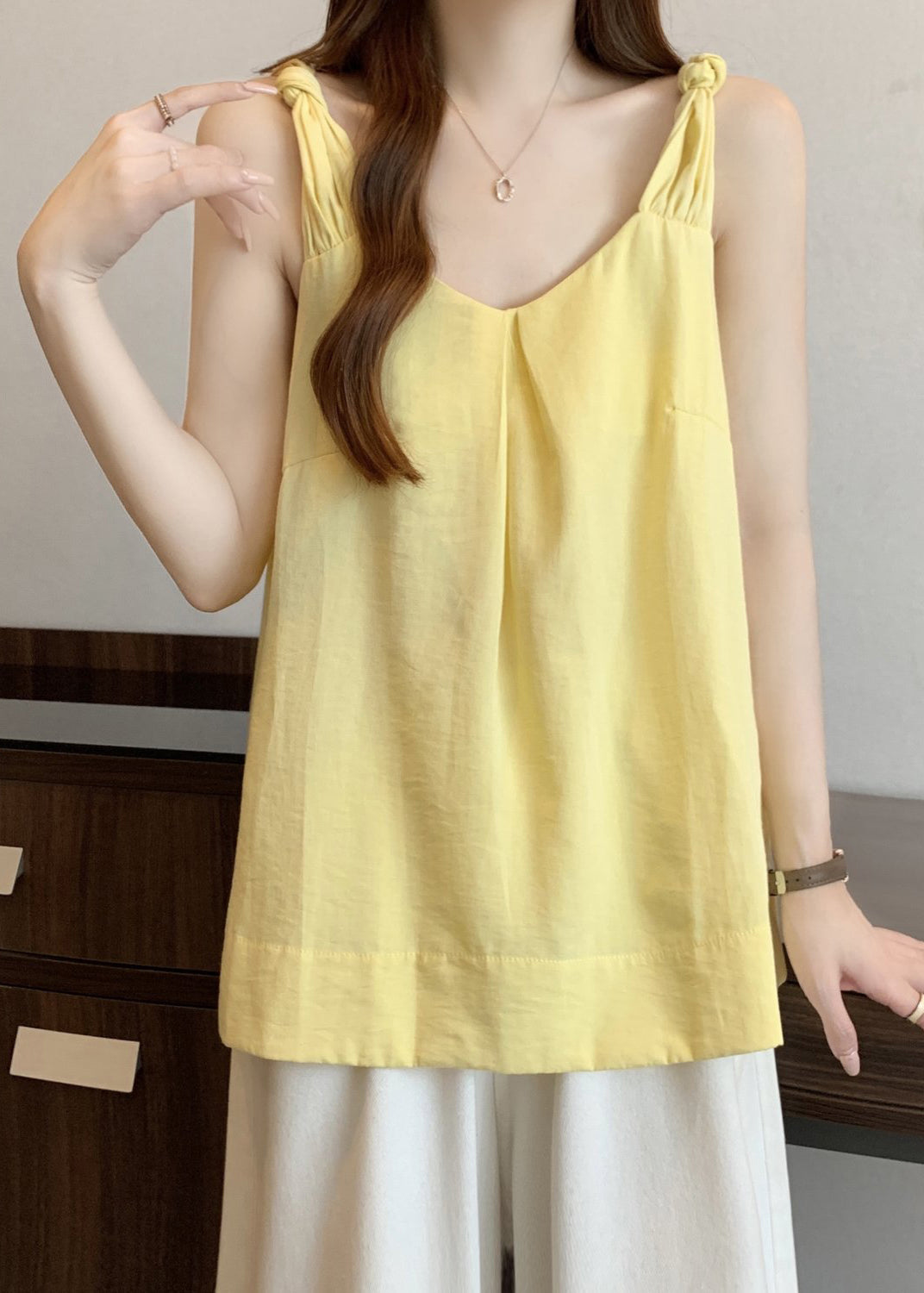 Tank Neck Solid Women Sleeveless Cotton Yellow V