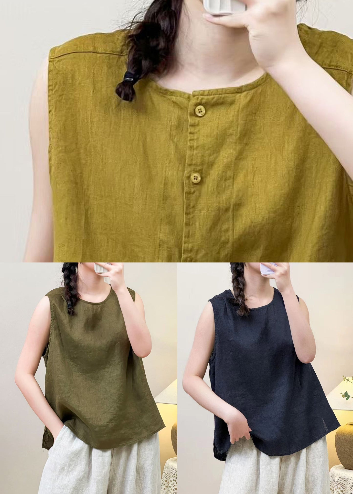 Summer Sides Linen Women Yellow Wear Blouses Both On