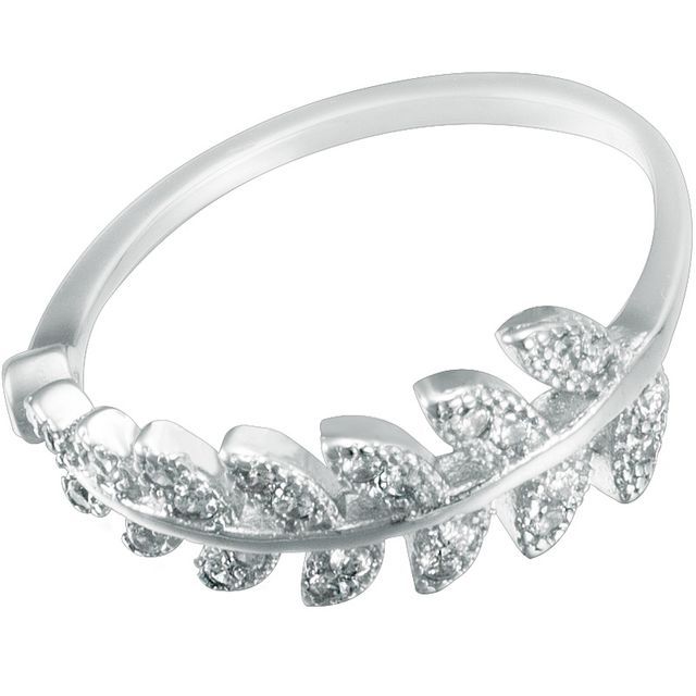 Ring Sterling Open Silver Rhinestone Leaf