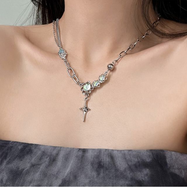 Steel Star Rhinestone Pendant Stainless Moonstone Necklace