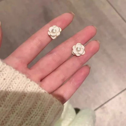 Pearl Earring Alloy Flower Faux