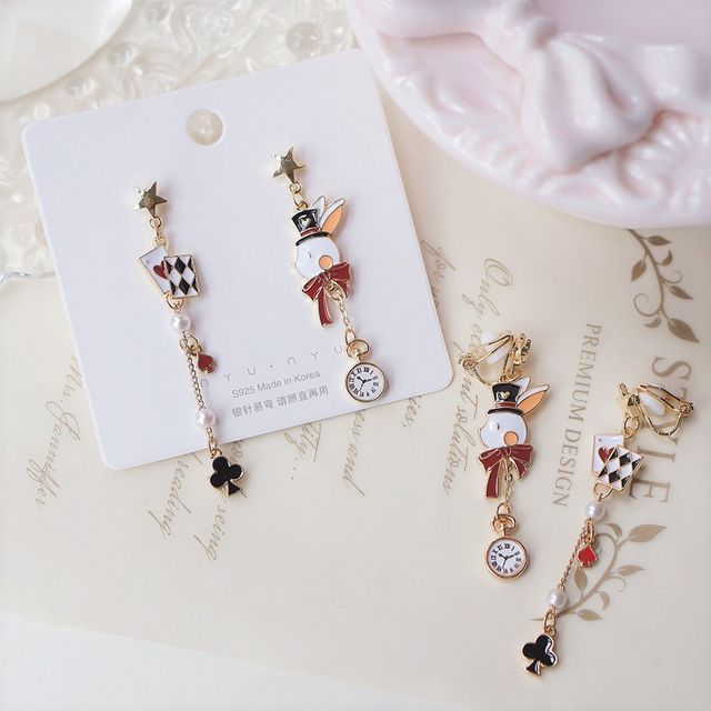 Enamel Poker On Drop Asymmetrical / Rabbit Clip Earring