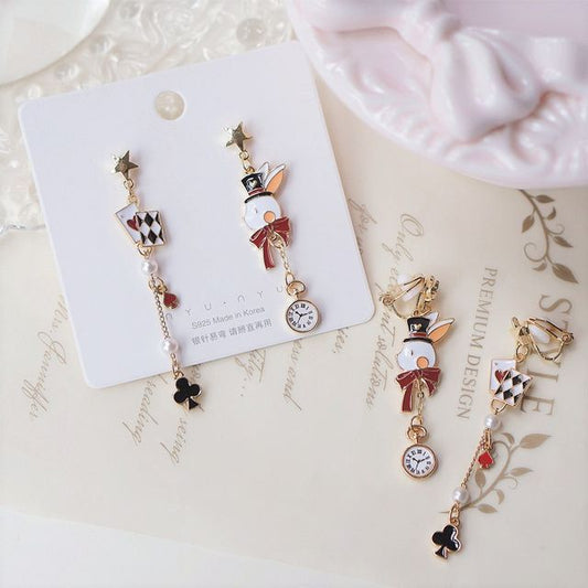 Enamel Poker On Drop Asymmetrical / Rabbit Clip Earring