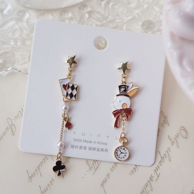 Enamel Poker On Drop Asymmetrical / Rabbit Clip Earring