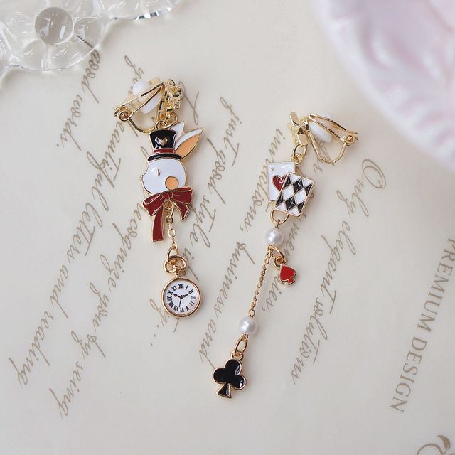 Enamel Poker On Drop Asymmetrical / Rabbit Clip Earring