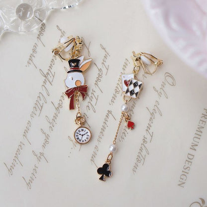 Enamel Poker On Drop Asymmetrical / Rabbit Clip Earring