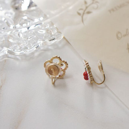 Earring Cherry / Clip Flower Faux Stud Pearl On