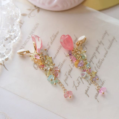 Dangle Earring Heart Acrylic Floral