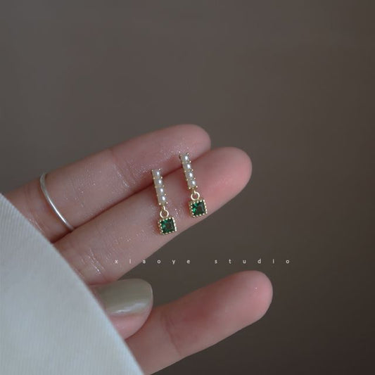 Rhinestone Pearl Alloy Square Drop Faux Earring