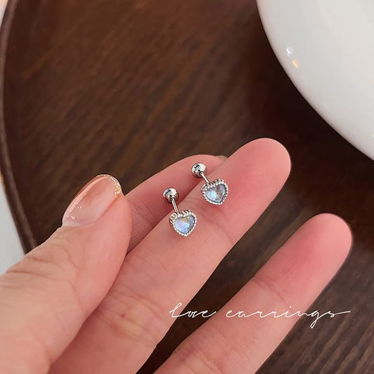 Moonstone Heart Sterling Barbell Silver Earring