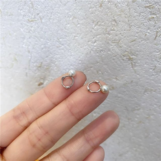 Silver Sterling Faux Huggie Pearl Earring