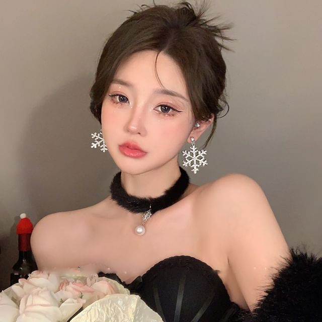 Tree / Snowflake Fluffy Drop Chandelier Set Christmas Choker Earring Bracelet