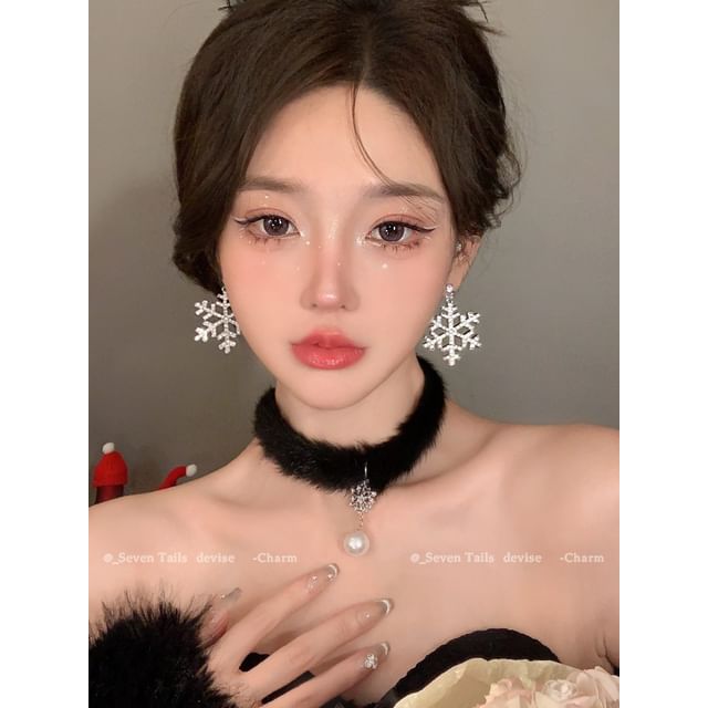 Tree / Snowflake Fluffy Drop Chandelier Set Christmas Choker Earring Bracelet