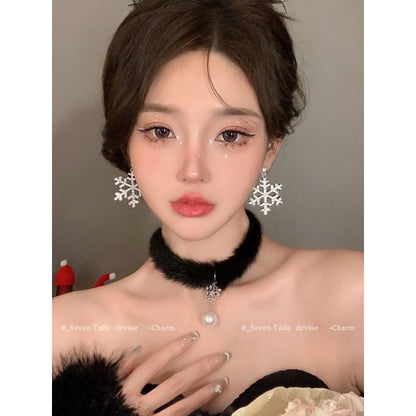 Tree / Snowflake Fluffy Drop Chandelier Set Christmas Choker Earring Bracelet