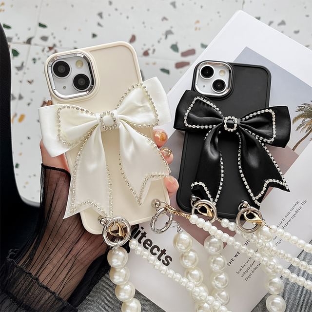 Bow Lanyard Pearl Faux Phone Case