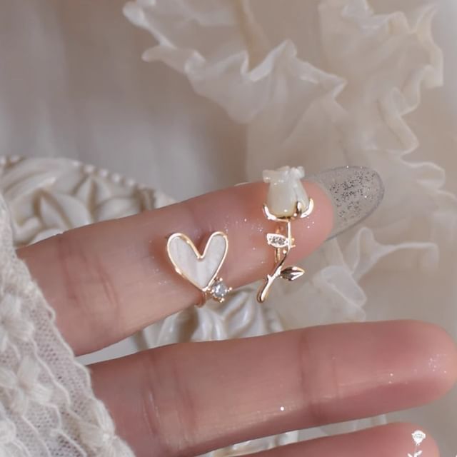 Stud Rhinestone Rose Asymmetrical Earring Heart Alloy