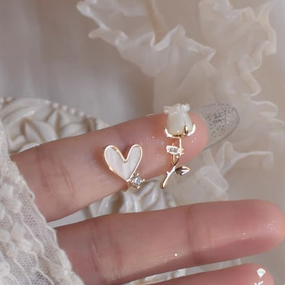 Stud Rhinestone Rose Asymmetrical Earring Heart Alloy