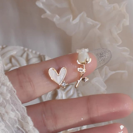 Stud Rhinestone Rose Asymmetrical Earring Heart Alloy