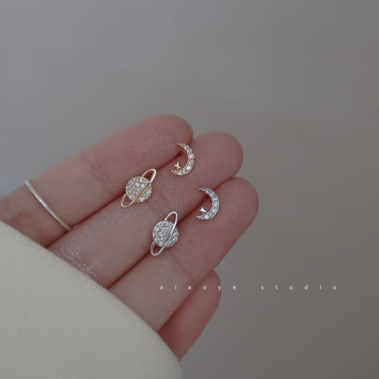 Earring Stud Asymmetrical Moon Rhinestone Sterling Silver