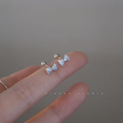 Barbell Sterling Bow Earring Silver Rhinestone