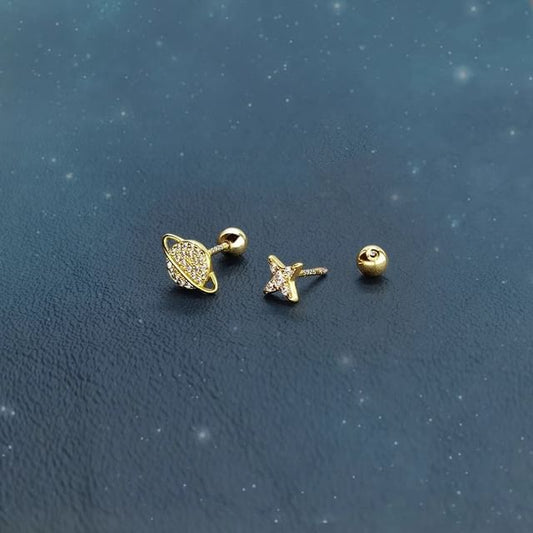 Barbell Star Silver Sterling Earring Rhinestone Asymmetrical