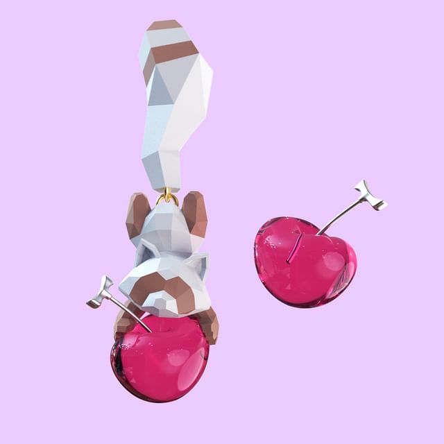 Clip-On Raccoon Cherry / Ear Stud Earring