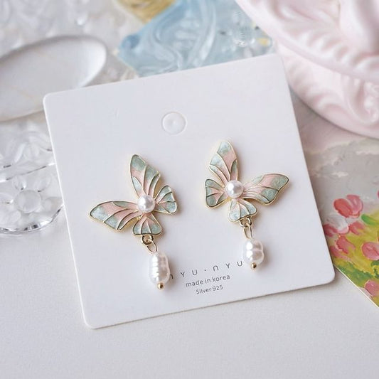 Drop On / Faux Enamel Clip Earring Butterfly Pearl