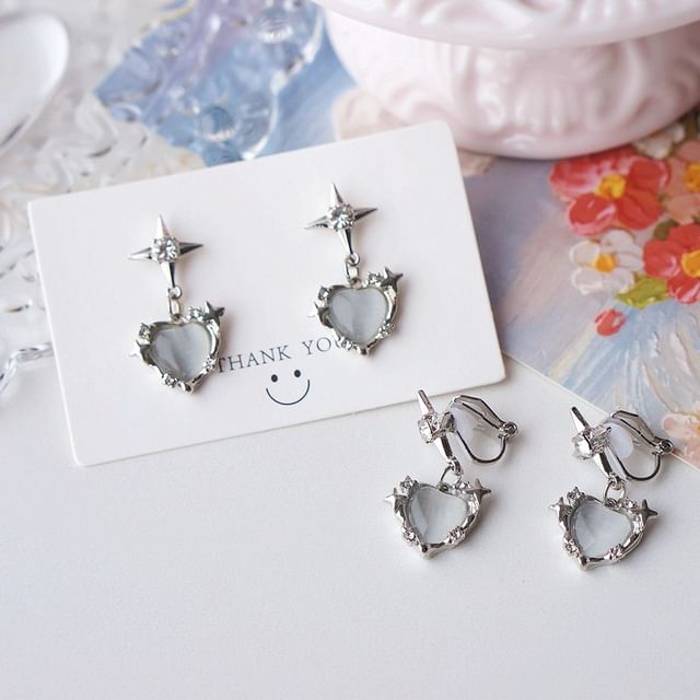 Clip Earring On / Drop Rhinestone Heart