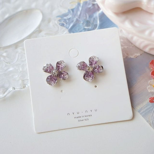 / Clip On Earring Stud Rhinestone Flower