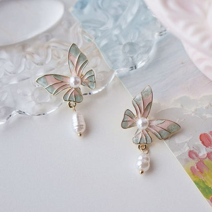 Drop On / Faux Enamel Clip Earring Butterfly Pearl