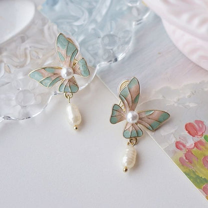 Drop On / Faux Enamel Clip Earring Butterfly Pearl