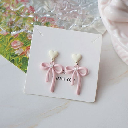 / Heart Clip-On Drop Pearl Bow Earring Faux