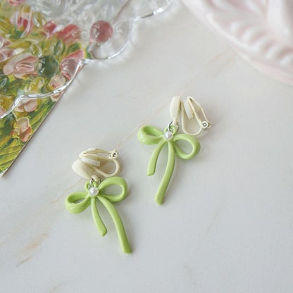 / Heart Clip-On Drop Pearl Bow Earring Faux