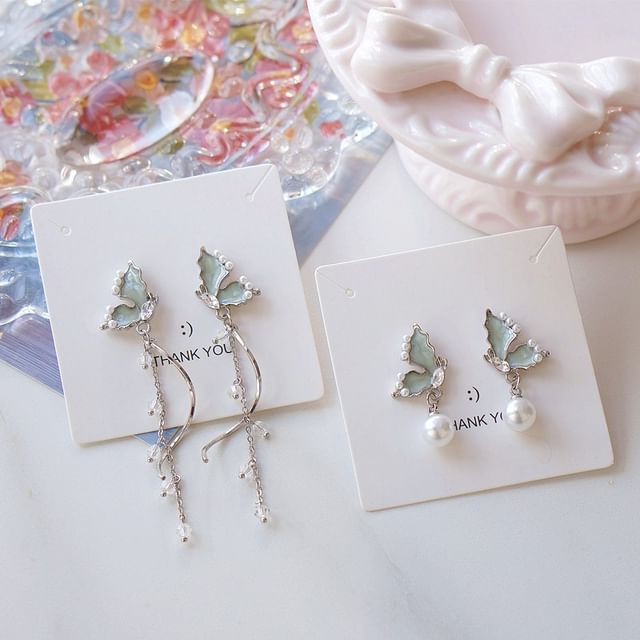 Drop Pearl Faux Rhinestone Butterfly Earring