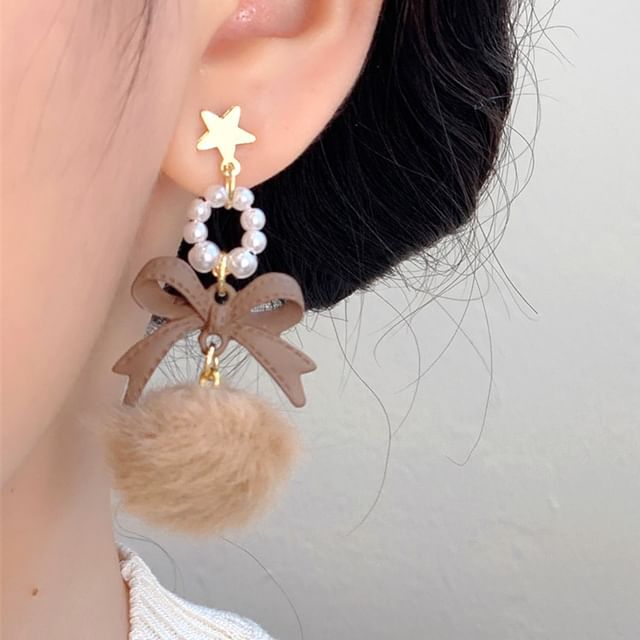 Bow Earring Clip-On Pom Pearl / Faux Drop