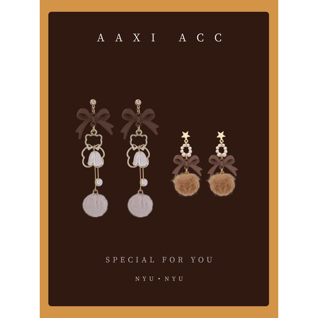 Bow Earring Clip-On Pom Pearl / Faux Drop