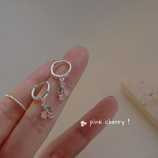 Earring Rhinestone Drop Sterling Hoop Silver Cherry 925