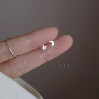 Silver Earring Star 925 Sterling Stud Crescent Asymmetrical