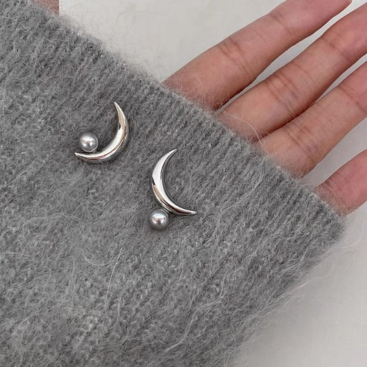Silver Earring Pearl 925 Sterling Faux Stud Crescent