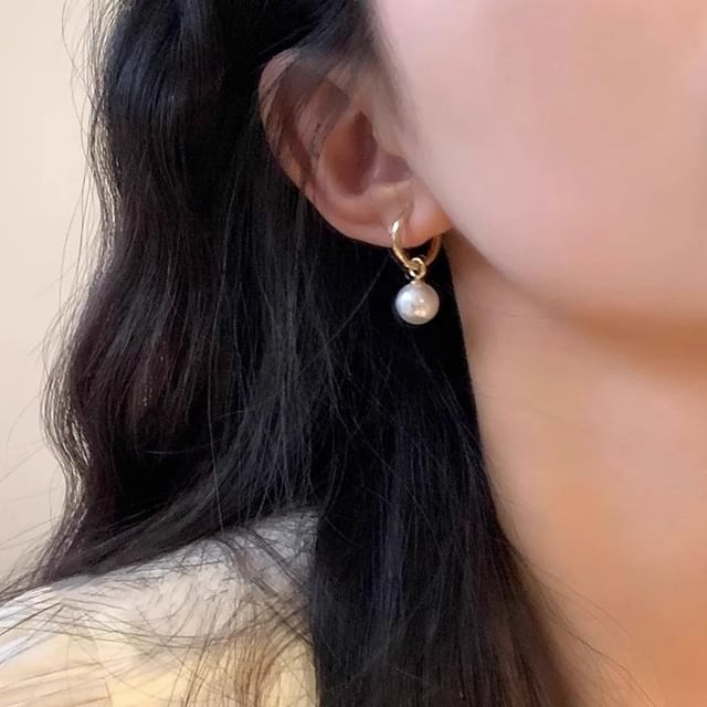 Drop Earring Hoop Pearl Sterling 925 Silver Faux