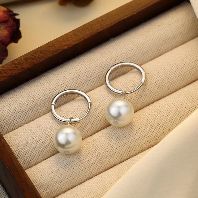 Drop Earring Hoop Pearl Sterling 925 Silver Faux