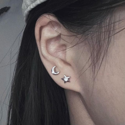 Moon Asymmetrical S999 Rhinestone Earring Stud Silver Star