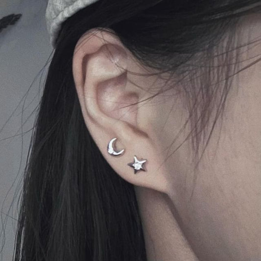 Moon Asymmetrical S999 Rhinestone Earring Stud Silver Star