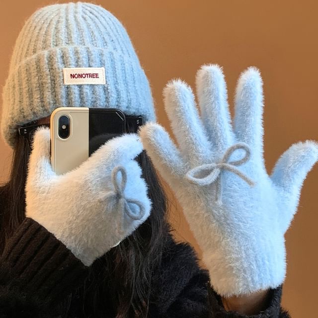 Gloves Knit Fluffy Bow