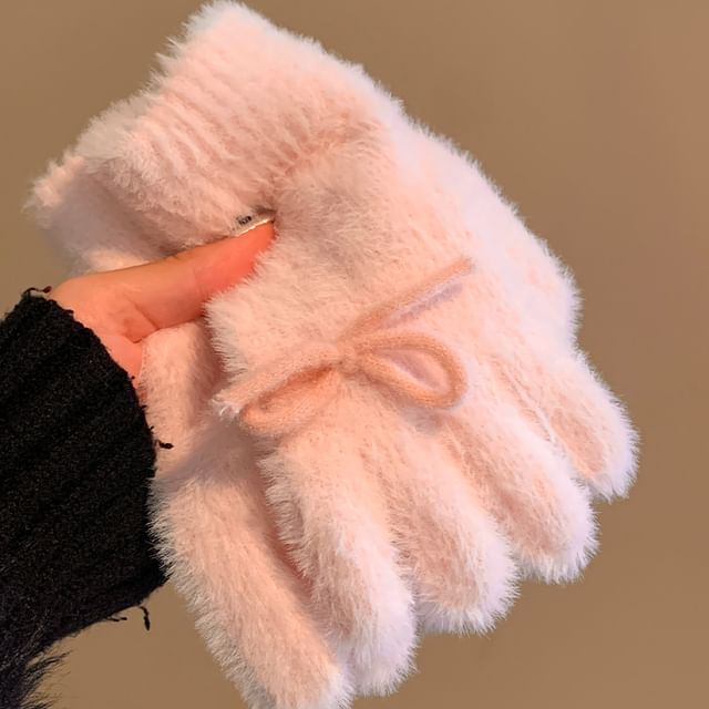 Gloves Knit Fluffy Bow